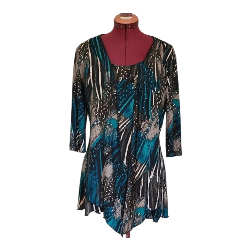 Joseph Ribkoff Sparkle Teal, Black & White Abstract Asymmetrical Fooler Top